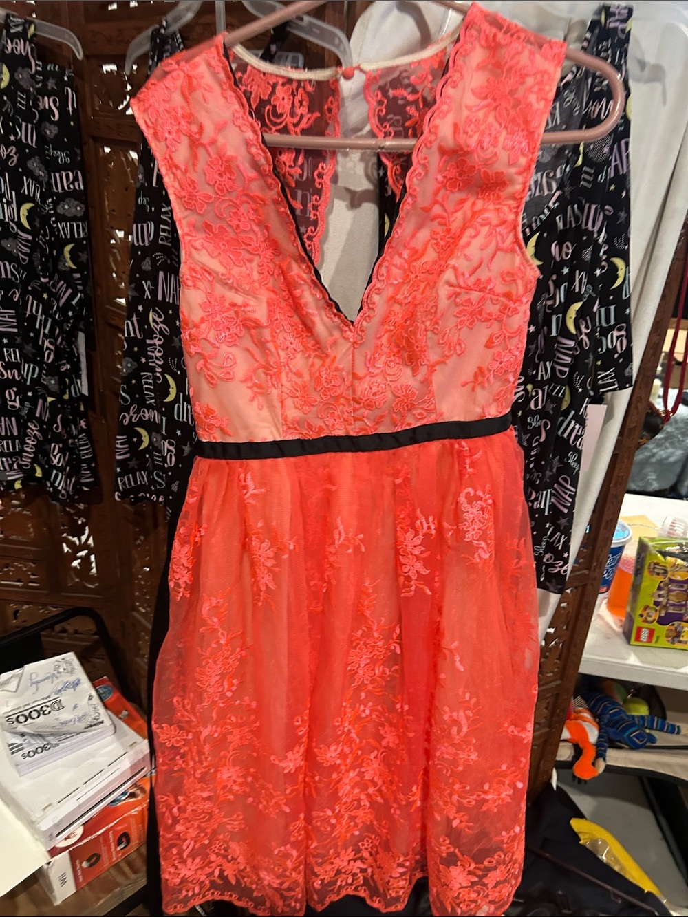 Lulu's Coral Lace V-Neck Midi Dress with Black Waist Trim